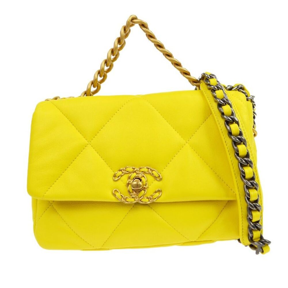 Chanel 19 Flap Bag Quilted Lambskin Yellow Leather Shoulder Bag Bag